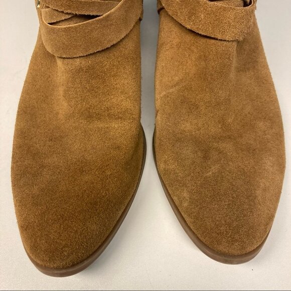 FRANCO SARTO Sz 10 Suede Straps Fringe Stacked Heel Western Style Zip Up Booties - Picture 3 of 11